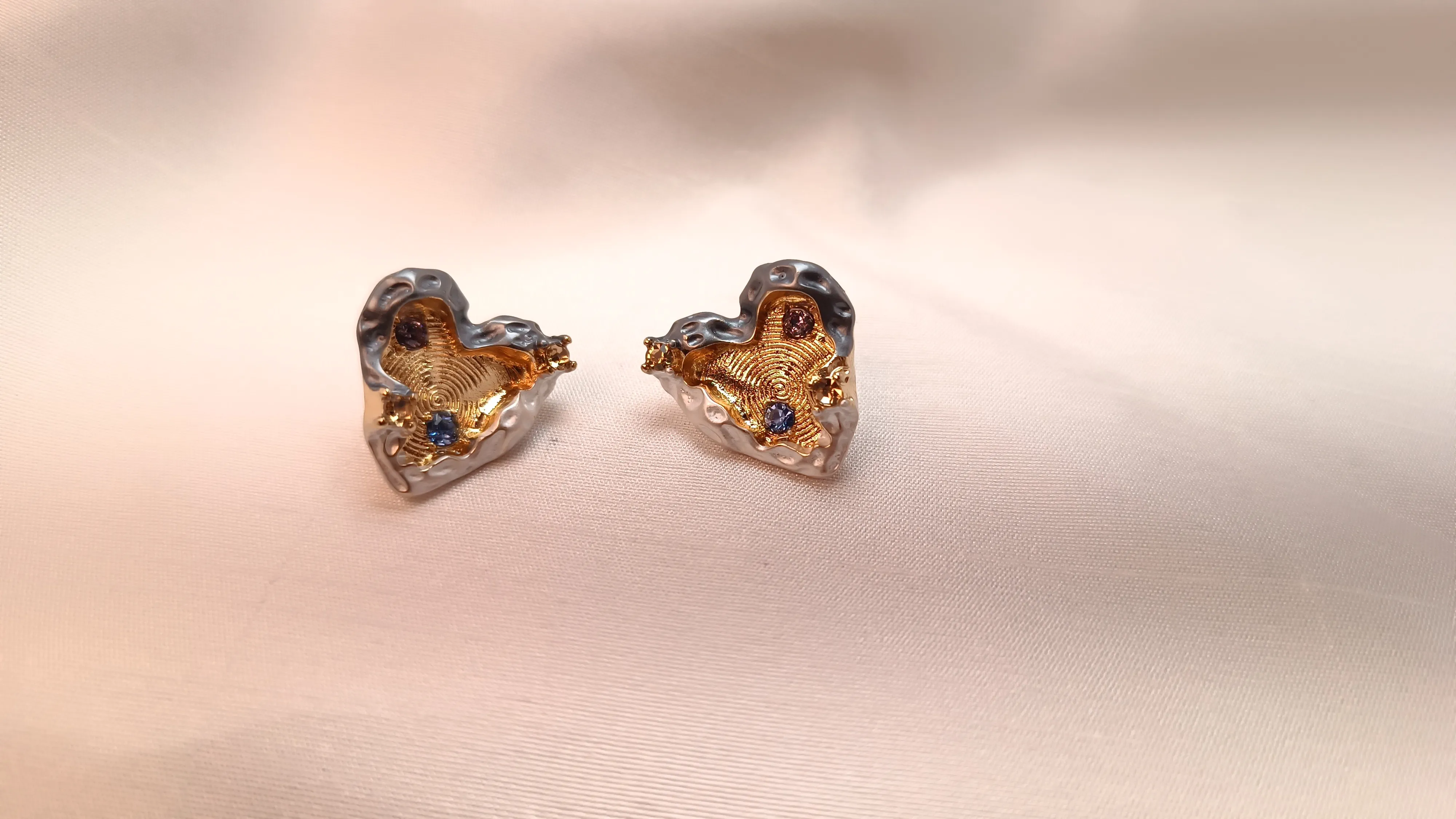 Two-Tone Hammered Heart Stud Earrings – Crystal Embellished Geometric Statement Studs